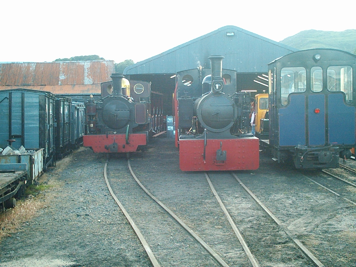 Motive power on shed: Russell on the left Gelert centre, and Glaslyn right. [James Hewett, 2004]